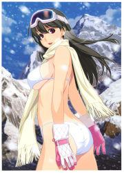 Rule 34 | 1girl, ass, bikini, black hair, breasts, gloves, goggles, goggles on head, highres, ino (magloid), large breasts, long hair, looking at viewer, mountain, original, red eyes, scarf, sideboob, snowing, solo, strap gap, swimsuit, underboob, white bikini