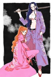 Rule 34 | 2girls, armband, bandaged chest, belt, blue eyes, blue hair, coat, commentary request, eyewear on head, hand in pocket, high heels, highres, long coat, looking at viewer, looking back, may snmk, multiple girls, nami (one piece), nico robin, one piece, orange hair, pants, pink coat, ponytail, purple coat, purple pants, red footwear, squatting