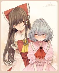 Rule 34 | 2girls, artist name, ascot, bad id, bad pixiv id, beige background, black hair, blue eyes, border, bow, brown border, commentary request, cowboy shot, detached sleeves, dress, frilled shirt collar, frills, gradient background, hair between eyes, hair bow, hair tubes, hakurei reimu, hand on another&#039;s head, highres, long hair, long sleeves, looking at another, multiple girls, no headwear, pink dress, puffy short sleeves, puffy sleeves, red ascot, red bow, red eyes, red skirt, remilia scarlet, short hair, short sleeves, sidelocks, signature, skirt, skirt set, slit pupils, smile, souta (karasu no ouchi), touhou, v arms, very long hair, white background, wide sleeves, yellow ascot