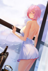 Rule 34 | 1girl, ass, back, bare shoulders, breasts, dress swimsuit, fate/grand order, fate (series), glasses, hair over one eye, highres, large breasts, light purple hair, looking at viewer, looking back, mash kyrielight, mash kyrielight (swimsuit of perpetual summer), official alternate costume, one-piece swimsuit, purple eyes, sansan (dongfangzhong111), short hair, solo, swimsuit, thighs, white one-piece swimsuit
