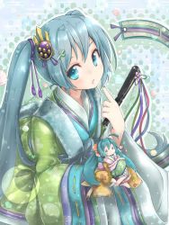 Rule 34 | 1girl, akino coto, aqua eyes, aqua hair, character doll, folded fan, commentary request, hand fan, folding fan, hair ornament, hatsune miku, highres, holding, holding fan, japanese clothes, kimono, layered clothes, layered kimono, long hair, looking at viewer, nail polish, open mouth, revision, solo, twintails, vocaloid
