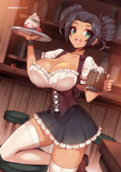 Rule 34 | :d, bar stool, black hair, black skirt, bottle, breasts, cleavage, commission, corset, cowboy shot, cup, dark-skinned female, dark skin, dirndl, double bun, food, frilled skirt, frills, fruit, german clothes, green eyes, hair bun, highres, holding, holding cup, holding tray, indoors, large breasts, miniskirt, narrow waist, open mouth, original, parfait, puffy short sleeves, puffy sleeves, shirt, short sleeves, skirt, smile, stool, strawberry, thighhighs, tray, virus-g, waitress, white shirt, white thighhighs