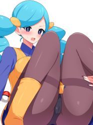 Rule 34 | 1girl, ace trainer (pokemon), aikome (haikome), blue eyes, blue hair, blush, creatures (company), game freak, highres, nintendo, open mouth, pantyhose, poke ball, poke ball (basic), pokemon, pokemon bw, simple background, solo, twintails, white background