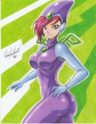 Rule 34 | 1girl, 2020, ass, bodysuit, breasts, gluteal fold, hand on own hip, highres, large breasts, medium breasts, purple hair, ravernclouk design, short hair, simple background, smile, solo, tecna (winx club), traditional media, turquoise eyes, winx club