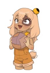 Rule 34 | 1girl, absurdres, animal nose, ball, blush, brown eyes, brown hair, brown overalls, child, dofus, dog girl, fang, female focus, furry, furry female, hair ornament, heart, highres, lilotte (dofus), motion blur, open mouth, opossumachine, overall shorts, overalls, short hair, short shorts, shorts, simple background, smile, solo, standing, tail, tail wagging