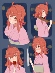Rule 34 | 1girl, ahoge, alternate costume, arashi (kancolle), blush, candy apple, clothes grab, clothes pull, food, grin, gun, holding, holding food, holding gun, holding weapon, japanese clothes, kantai collection, kimono, looking at viewer, messy hair, multiple views, over shoulder, pink kimono, red eyes, red hair, shooting gallery, sleeve grab, smile, tsurugi (the horizon), weapon, weapon over shoulder, yukata