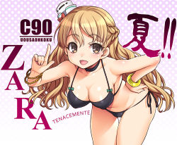 Rule 34 | 10s, 1girl, alternate costume, bikini, black bikini, blonde hair, blush, bow, bow bikini, bracelet, braid, breasts, brown eyes, choker, cleavage, collarbone, covered erect nipples, french braid, hand on own hip, hat, jewelry, kantai collection, large breasts, leaning forward, long hair, looking at viewer, mini hat, open mouth, side-tie bikini bottom, smile, solo, swimsuit, uousa-ou, wavy hair, zara (kancolle)