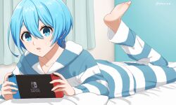 Rule 34 | 1boy, barefoot, bed, blue eyes, blue hair, blue lock, blue stripes, highres, long sleeves, male focus, nintendo switch, open mouth, pajamas, panri, pants, pillow, short hair, striped clothes, striped hood, striped pants, toes, you hiori