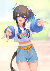 Rule 34 | animal ears, bead necklace, beads, belt, blue hair, blurry, brown hair, casual, colored inner hair, cowboy shot, crop top, crop top overhang, cutoffs, daitaku helios (umamusume), double v, ear covers, english text, fang, highres, horse ears, horse girl, horse tail, jewelry, katuko deluxe, long sleeves, looking at viewer, midriff, multicolored hair, necklace, open mouth, print shirt, shirt, short shorts, shorts, side ponytail, sidelocks, smile, solo, streaked hair, tail, thigh gap, umamusume, v