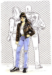 Rule 34 | 1990s (style), 1girl, 2boys, alternate costume, biker clothes, boots, chain-link fence, denim, earrings, fatal fury, fence, hand on own hip, hip focus, jacket, jeans, jewelry, leather, leather jacket, mori toshiaki, multiple boys, necklace, official art, pants, partially colored, peace symbol, ponytail, retro artstyle, ripped jeans, shiranui mai, snk, the king of fighters, torn clothes, torn jeans, torn pants