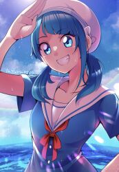 Rule 34 | 1girl, absurdres, alternate hairstyle, blue dress, blue eyes, blue hair, blue sky, cloud, cloudy sky, commentary, cut bangs, day, dress, grin, hair down, hair over shoulder, hand on own hip, hat, highres, hirogaru sky! precure, horizon, looking at viewer, low twintails, medium hair, mitsuki tayura, neck ribbon, ocean, outdoors, precure, red ribbon, ribbon, sailor collar, sailor dress, sailor hat, salute, short sleeves, single sidelock, sky, smile, solo, sora harewataru, sparkle, twintails, twitter username, wet, white hat, white sailor collar