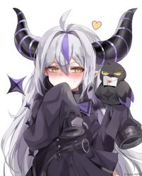 Rule 34 | 1girl, absurdres, ahoge, animal, animal on hand, belt, bird, black horns, blush, covering own mouth, crow, crow (la+ darknesss), dolechan, floating, glowing, glowing eyes, grey hair, hair between eyes, half-closed eyes, hand over own mouth, heart, highres, hololive, holox, horns, la+ darknesss, letter, long hair, love letter, mouth hold, multicolored hair, o-ring, pointy ears, purple hair, signature, simple background, sleeves past fingers, sleeves past wrists, streaked hair, striped horns, sweat, very long hair, virtual youtuber, white background, yellow eyes