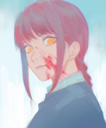 Rule 34 | blood, chainsaw man, highres, keibleh, looking at viewer, makima (chainsaw man), portrait, red hair, ringed eyes, simple background, sketch, smile, solo, standing, twitter, yellow eyes