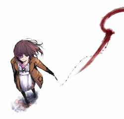 Rule 34 | 1girl, blood, boots, brown hair, coat, dress, floating hair, from above, full body, knife, looking away, original, short hair, solo, travo, walking