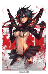 Rule 34 | 1girl, artist request, black hair, blood, blood splatter, breasts, character name, cowboy shot, highres, holding, holding weapon, justin paul, kill la kill, living clothes, looking at viewer, matoi ryuuko, medium breasts, microskirt, midriff, multicolored hair, red hair, revealing clothes, scissor blade (kill la kill), senketsu, short hair, skirt, solo, suspenders, two-tone hair, underboob, watermark, weapon, web address, white border
