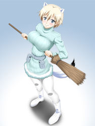 Rule 34 | 1girl, animal ears, blue background, blue eyes, blush, brave witches, breasts, broom, dress, highres, hiro yoshinaka, large breasts, looking at viewer, nikka edvardine katajainen, pantyhose, ribbed sweater, short hair, simple background, smile, solo, sweater, sweater dress, tail, white hair, white pantyhose, world witches series