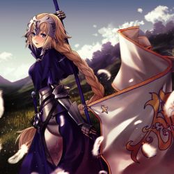Rule 34 | 1girl, applekun, armor, armored dress, bad id, bad pixiv id, banner, blonde hair, blue dress, blue eyes, blue sky, blurry, blurry background, braid, braided ponytail, cloud, day, dress, dutch angle, fate/apocrypha, fate (series), faulds, floating hair, from side, gauntlets, grass, hair between eyes, headpiece, holding, jeanne d&#039;arc (fate), jeanne d&#039;arc (ruler) (fate), long hair, looking at viewer, outdoors, sheath, sheathed, sky, solo, sword, very long hair, weapon