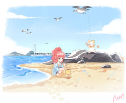 Rule 34 | 1boy, 1girl, beach, bird, blue dress, blush, brown eyes, bucket, cat, chinese commentary, clear sky, cloud, commentary request, copyright name, dress, kneeling, lighthouse, long hair, momo (miracle nikki), nikki (miracle nikki), ocean, official art, open mouth, pink hair, rock, seagull, seashell, shell, shining nikki, signature, sky, yellow cloak, yellow footwear