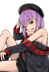 Rule 34 | 1girl, bare shoulders, blush, breasts, fate/grand order, fate (series), hat, helena blavatsky (fate), helena blavatsky (third ascension) (fate), highres, ippachi, looking at viewer, off shoulder, one eye closed, open mouth, purple eyes, purple hair, short hair, sideboob, simple background, small breasts, smile, solo, white background