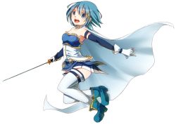 Rule 34 | 10s, 1girl, :d, blue eyes, blue hair, cape, fortissimo, gloves, hair ornament, hairclip, looking at viewer, magical girl, mahou shoujo madoka magica, mahou shoujo madoka magica (anime), matching hair/eyes, miki sayaka, momobosi, musical note, musical note hair ornament, open mouth, short hair, simple background, smile, solo, sword, thighhighs, weapon, white background, white gloves, white thighhighs, zettai ryouiki