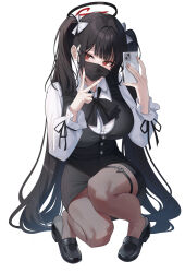 1girl absurdres alternate_costume alternate_hairstyle bakoko black_bow black_bowtie black_footwear black_hair black_halo black_ribbon black_skirt black_vest blue_archive blunt_bangs blush bow bowtie breasts bright_pupils cellphone collared_shirt commentary_request full_body hair_bow halo highres holding holding_phone large_breasts long_hair long_sleeves looking_to_the_side mask mouth_mask nail_polish pantyhose phone red_eyes ribbon rio_(blue_archive) shirt simple_background skirt smartphone solo squatting thigh_strap thighs twintails v very_long_hair vest white_background white_bow white_pupils white_shirt