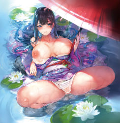 Rule 34 | 1girl, arm support, beads, black hair, blue eyes, blunt bangs, blush, breasts, breasts out, collarbone, comic bavel, eyelashes, flower, half-closed eyes, holding, holding umbrella, huge breasts, japanese clothes, kimono, large breasts, lily pad, lips, long hair, long sleeves, looking at viewer, lotus, lying, nipples, no panties, obi, obiage, obijime, off shoulder, oil-paper umbrella, open clothes, open kimono, original, parted lips, pyon-kichi, sash, solo, spread legs, thighs, umbrella, very long hair, water, wet, wet hair, wide sleeves