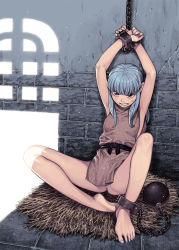 Rule 34 | 1girl, against wall, angry, ankle cuffs, aqua hair, aqua nails, armpits, arms up, ass, ball and chain restraint, barefoot, bdsm, blue hair, bound, bound wrists, breasts, brown eyes, clenched teeth, cuffs, dungeon, eyebrows, fang, feet, female focus, fingernails, full body, hamada yoshikazu, handcuffs, hay, highres, indoors, kiriha (tsugumomo), long hair, looking at viewer, nail polish, no panties, on floor, own hands together, pointy ears, red eyes, restrained, sitting, slave, slave clothes, sleeveless, soles, solo, spread legs, sweatdrop, teeth, thighs, toenail polish, toenails, toes, tsugumomo, wall