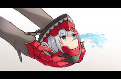 Rule 34 | 2girls, admiral graf spee (azur lane), azur lane, blue eyes, blunt bangs, brown background, closed mouth, commentary request, deutschland (azur lane), fish, gradient background, holding, letterboxed, meme, multiple girls, osisio, out of frame, puffer fish vomiting water (meme), silver hair, solo focus, water, white background