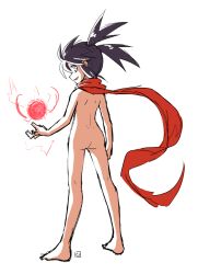 Rule 34 | 1girl, ass, barefoot, black hair, blue eyes, from behind, full body, hair between eyes, looking at viewer, looking back, muu (mumumer), naked scarf, nell (muu), original, red scarf, scarf, simple background, smile, solo, standing, twintails, white background