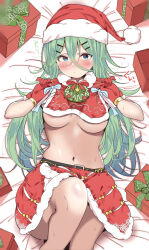 Rule 34 | 1girl, bed sheet, belt, black belt, box, breast curtain, breasts, commentary request, double-parted bangs, fur-trimmed headwear, fur-trimmed skirt, fur trim, gift, gift box, gloves, green eyes, green hair, hair between eyes, hair ornament, hairclip, hat, highres, kantai collection, knee up, large breasts, lifting own clothes, long bangs, long hair, looking at viewer, lying, navel, on back, pom pom (clothes), red gloves, red hat, red skirt, santa costume, santa hat, skirt, solo, stomach, suzuki toto, underboob, yamakaze (kancolle)