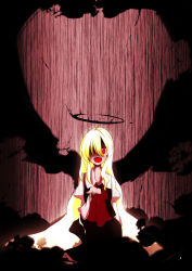 Rule 34 | 1girl, :d, blonde hair, blouse, darkness, evil smile, ex-rumia, fangs, frilled skirt, frills, hair over one eye, halo, highres, kameyan, long hair, open mouth, red eyes, ribbon, rumia, shirt, skirt, smile, touhou, very long hair, vest, wings