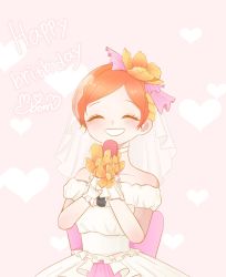 Rule 34 | 1girl, artist name, artist request, back bow, bare shoulders, bow, breasts, cherry blossoms, choker, cleavage, collarbone, dress, earrings, closed eyes, female focus, flower, gloves, hair between eyes, hair flower, hair ornament, highres, holding, holding microphone, hoshizora rin, jewelry, looking at viewer, love live!, love live! school idol festival, love live! school idol project, love wing bell, microphone, orange flower, orange hair, parted lips, pink bow, pinkish spring, pom pom (clothes), pom pom hair ornament, short dress, short hair, skirt, sleeveless, sleeveless dress, smile, solo, strapless, strapless dress, veil, white choker, white dress, white gloves, white skirt, white veil, yellow flower