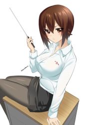 Rule 34 | 10s, 1girl, alternate costume, arm support, bad id, bad twitter id, black pantyhose, breasts, brown eyes, brown hair, cabinet, closed mouth, commentary request, dress shirt, emblem, from side, girls und panzer, holding, long sleeves, looking at viewer, medium breasts, miniskirt, nishizumi maho, pantyhose, pencil skirt, pointer, saikawa yusa, shirt, short hair, sitting, skirt, solo, teacher, white shirt