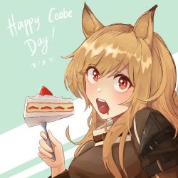 Rule 34 | 1girl, animal ears, arknights, black shirt, blush, brown hair, cake, ceobe (arknights), commentary request, dated, dog ears, food, fork, green background, hachi (hachi ik0), hand up, highres, holding, holding fork, long hair, looking at viewer, open mouth, red eyes, shirt, solo, strawberry shortcake, upper body