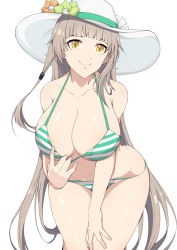 Rule 34 | 1girl, bent over, bikini, breasts, d.c (kdh4016), hat, large breasts, long hair, looking at viewer, multicolored clothes, noa (soulworker), platinum blonde hair, smile, solo, soulworker, swimsuit, translation request, white background, yellow eyes