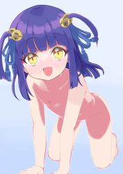 Rule 34 | 1girl, all fours, bell, blue background, blue hair, blush, breasts, fang, hair bell, hair ornament, highres, jashin-chan dropkick, long hair, looking at viewer, nipples, nude, open mouth, ran-ran, simple background, small breasts, smile, solo, t4 sl1, yellow eyes