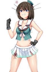 Rule 34 | 10s, 1girl, anger vein, angry, aqua hat, aqua shirt, bad id, bad pixiv id, beret, black gloves, blue eyes, blush, breasts, brown hair, choker, cleavage, clenched hand, clenched teeth, collarbone, crop top, gloves, groin, hair between eyes, hand on own hip, hat, highres, kantai collection, maya (kancolle), maya kai ni (kancolle), medium breasts, mini hat, navel, pleated skirt, sailor collar, shaded face, shirt, simple background, skirt, sleeveless, sleeveless shirt, solo, standing, teeth, white background, white skirt, z5987