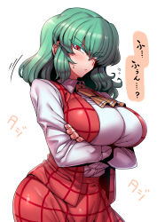 Rule 34 | 1girl, arms under breasts, ascot, breasts, closed mouth, collared shirt, crossed arms, green hair, hair between eyes, highres, huge breasts, impossible clothes, impossible shirt, kazami yuuka, light blush, long sleeves, looking at viewer, medium hair, open clothes, open vest, plaid, plaid skirt, plaid vest, red eyes, red skirt, red vest, shirt, sidelocks, simple background, skirt, skirt set, slit pupils, solo, touhou, tukiwani, upper body, vest, white background, white shirt, wing collar