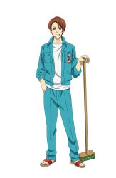 Rule 34 | 1boy, blue jacket, blue pants, brown eyes, brown hair, cigarette, closed mouth, eyewear hang, full body, hand in pocket, highres, holding, holding mop, jacket, king of prism, long sleeves, looking at viewer, male focus, mole, mole under mouth, mop, official art, open clothes, open jacket, pants, pretty rhythm, pretty series, sandals, second-party source, shirt, short hair, simple background, solo, standing, tachi-e, transparent background, unworn eyewear, white shirt, yamada ryou (pretty series)