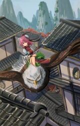 Rule 34 | 1girl, absurdres, animal, architecture, bandaged arm, bandages, bird, breasts, bun cover, chain, closed mouth, commentary request, cuffs, day, double bun, eagle, east asian architecture, flower, full body, green skirt, hair bun, highres, ibaraki kasen, kume (touhou), lantern, looking at viewer, medium bangs, medium breasts, medium hair, mountain, outdoors, oversized animal, pink eyes, pink flower, pink hair, pink rose, ribbon-trimmed skirt, ribbon trim, rooftop, rose, round window, sensi tobikage, shackles, shirt, short sleeves, skirt, smile, tabard, touhou, white shirt, window