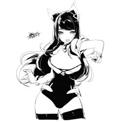 Rule 34 | 1girl, ahri (league of legends), animal ears, breasts, ejami, facial mark, fox ears, greyscale, large breasts, league of legends, long hair, looking at viewer, medium breasts, monochrome, open mouth, simple background, solo, thighhighs, white background