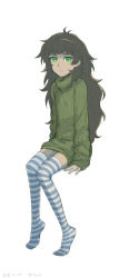 Rule 34 | 1girl, ahoge, blue thighhighs, blunt bangs, dated, flat chest, frown, green eyes, green hair, green sweater, highres, hiyajou maho, knees together feet apart, long hair, menomorute, messy hair, ringed eyes, simple background, sitting, solo, steins;gate, steins;gate 0, striped clothes, striped thighhighs, sweater, tagme, thighhighs, tiptoes, very long hair, white background, zettai ryouiki