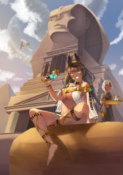 Rule 34 | 2girls, absurdres, ancient egypt, animal ears, anklet, aqua eyes, bare shoulders, barefoot, bracelet, breasts, brown hair, choker, cloud, commentary request, cup, dark-skinned female, dark skin, day, drinking glass, egyptian, facing viewer, fake animal ears, fantasy, great pyramid of giza, grin, hair tubes, highres, jewelry, large breasts, litimo, long hair, looking at viewer, moon, multiple girls, no bra, original, pitcher (container), pyramid, pyramid (structure), red eyes, revealing clothes, servant, sitting, sky, slit pupils, smile, sphinx, sphinx of giza, temple, tray, white hair