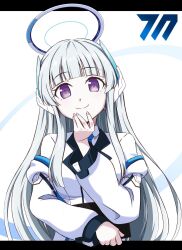 Rule 34 | 1girl, blue archive, blunt bangs, f luo, highres, long hair, long sleeves, looking at viewer, necktie, noa (blue archive), purple eyes, smile, solo, white hair