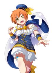 Rule 34 | 10s, 1girl, :d, bad id, bad pixiv id, cape, constellation, detached sleeves, hat, hoshizora rin, love live!, love live! school idol festival, love live! school idol project, open mouth, orange hair, outstretched hand, print headwear, short hair, simple background, smile, solo, star (symbol), star print, starry sky print, t1kosewad, white background, yellow eyes