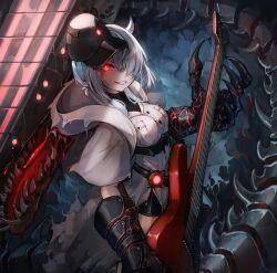 Rule 34 | 1girl, abyssal ship, black headwear, black shorts, breast pocket, breasts, claws, colored skin, dress, electric guitar, flight deck, grey hair, guitar, hair over one eye, highres, horns, instrument, kajaneko, kantai collection, long hair, looking at viewer, medium breasts, pocket, red eyes, remodeled wartime cargo princess, shorts, solo, white dress, white skin