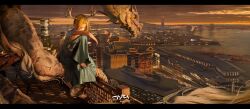 Rule 34 | 1girl, absurdres, antlers, architecture, arm on knee, artist name, back, back tattoo, bare shoulders, barefoot, blonde hair, brown theme, building, city, city lights, cityscape, crosswalk, diao (nrays), dragon, dragon girl, dragon tail, dress, east asian architecture, eastern dragon, feet, green dress, highres, horns, kicchou yachie, lake, looking down, orange eyes, pointy ears, road, short hair, sitting, skyscraper, street, tail, tattoo, toes, topless, touhou, tree