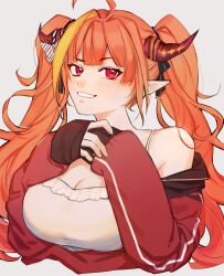 Rule 34 | 1girl, ahoge, bare shoulders, blunt bangs, bow, breasts, camisole, cleavage, cocked eyebrow, cropped torso, diagonal-striped bow, dragon girl, dragon horns, frilled camisole, frills, grey background, grin, hair intakes, hair ribbon, hands up, highres, hololive, hood, hood down, hooded track jacket, horns, jacket, kiryu coco, kiryu coco (loungewear), large breasts, long hair, long sleeves, looking at viewer, off shoulder, partially unzipped, pointy ears, red eyes, red jacket, ribbon, sanbo (apple 1020), sidelocks, simple background, sleeves past wrists, smile, solo, spaghetti strap, track jacket, twintails, virtual youtuber, white camisole