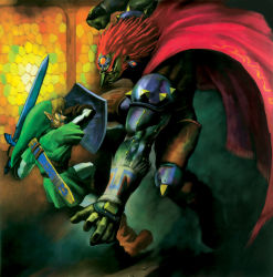 Rule 34 | 1boy, battle, blonde hair, blue eyes, cape, dark-skinned male, dark skin, earrings, epic, ganondorf, gloves, highres, holding, holding sword, holding weapon, hylian shield, jewelry, link, male focus, manly, master sword, nintendo, official art, red eyes, red hair, shield, solo, standing, sword, the legend of zelda, the legend of zelda: ocarina of time, weapon