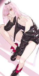 Rule 34 | 1girl, absurdres, alternate costume, bare legs, black footwear, black nails, black tank top, collarbone, head on hand, highres, hololive, hololive english, jacket, leather, leather jacket, looking at viewer, mori calliope, off shoulder, pako (pakosun), pink eyes, pink hair, sitting, studded jacket, tank top, tiara, virtual youtuber